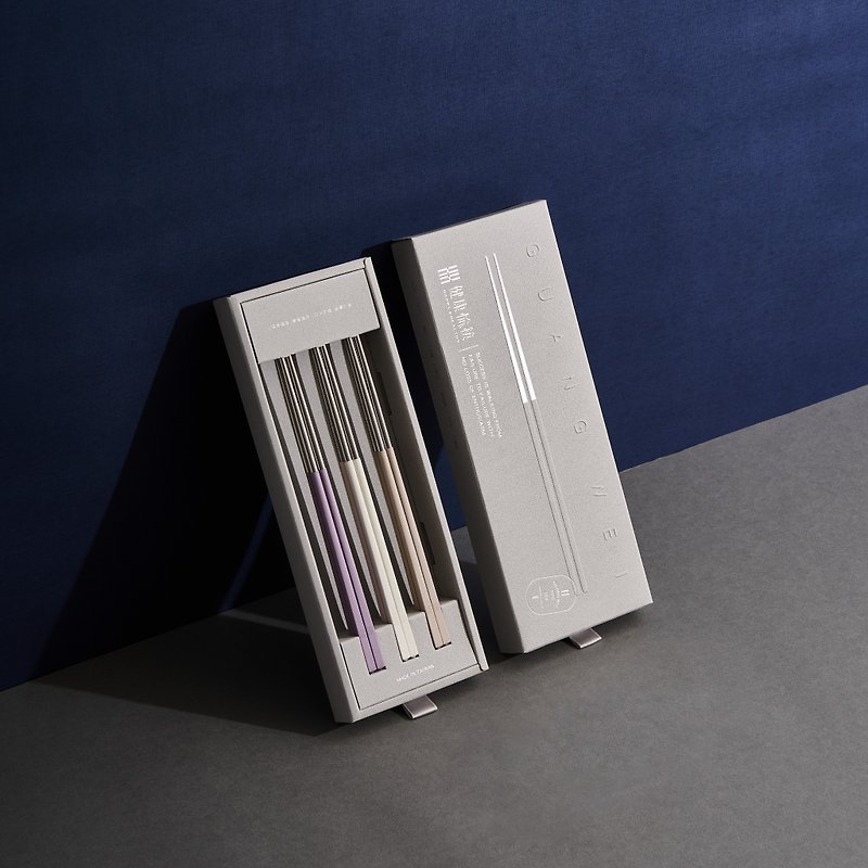 Purple + white + milk tea (mixed) 6 pairs in gift box + bag 304 Stainless Steel chopsticks made in Taiwan - ตะเกียบ - สแตนเลส 