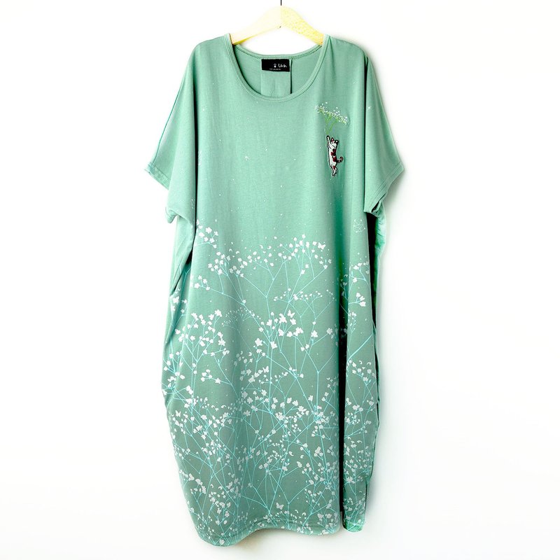 【滿天星貓】口袋洋裝 / 灰綠 - 洋裝/連身裙 - 棉．麻 綠色