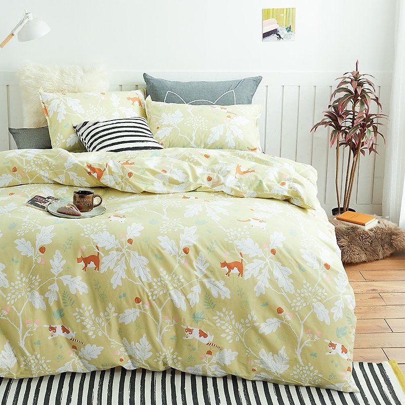 Golden Oak Meow single double bed single/bed package hand-painted cat 40 cotton bedding pillowcase quilt cover sold separately - เครื่องนอน - ผ้าฝ้าย/ผ้าลินิน สีเหลือง