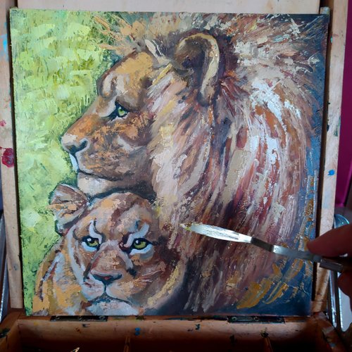 ライオンの絵画 動物 オリジナルアート キャンバスに油彩