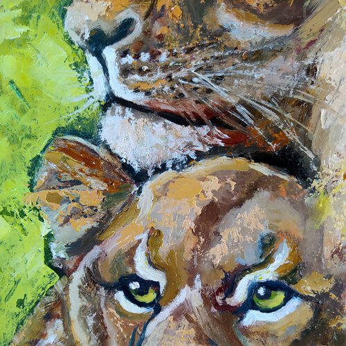 原画 ドローイング メスライオン #25 ライオンズ絵画オリジナルアート ライオンと雌ライオン オイル