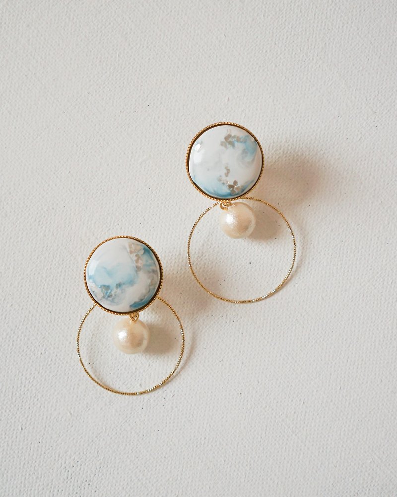 2 WAY hand-painted marbled ceramic earrings - ต่างหู - ดินเผา สีน้ำเงิน