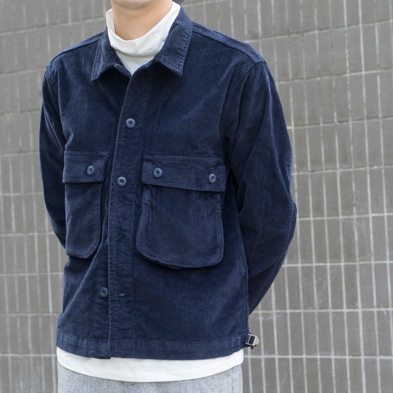 Autumn and winter corduroy short jacket jacket three-dimensional double pocket design Japanese fashion jacket - Men's Coats & Jackets - Cotton & Hemp Blue