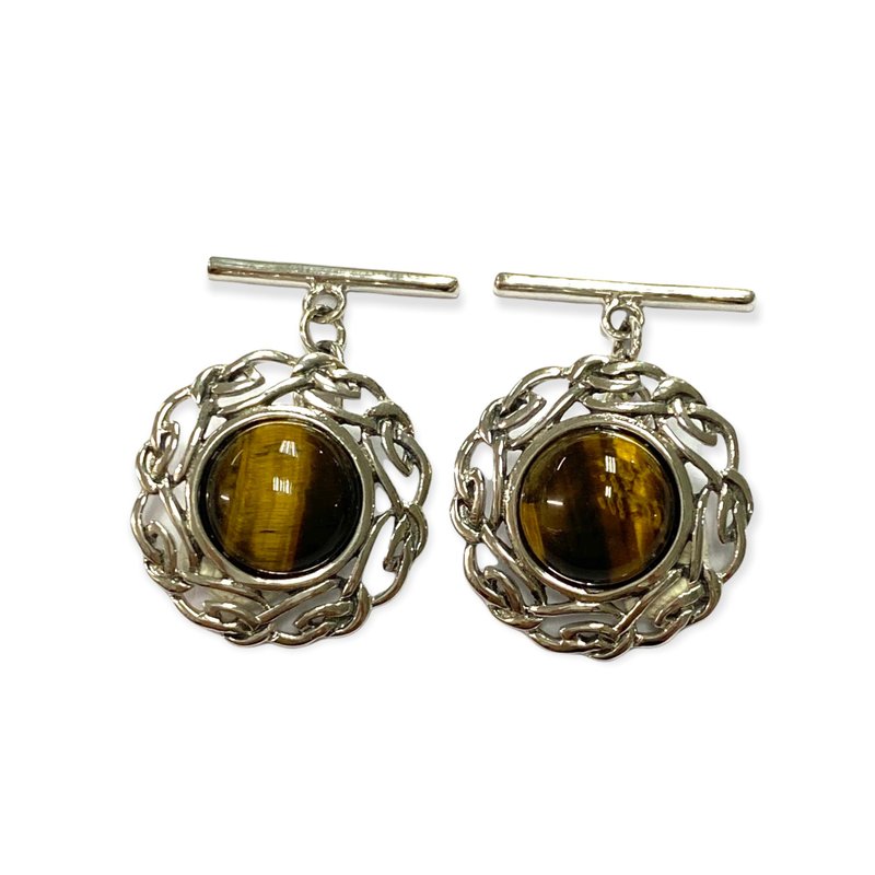 Celtic Style Tiger Eye Love Knot Wedding Cufflinks For Groom 925 Sterling Silver - 袖扣 - 純銀 咖啡色