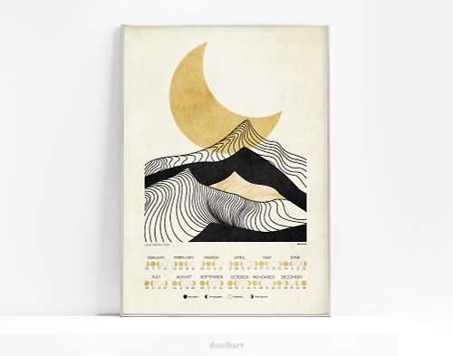 daashart 2024 lunar calendar Abstract black line mountains and gold moon poster wall art