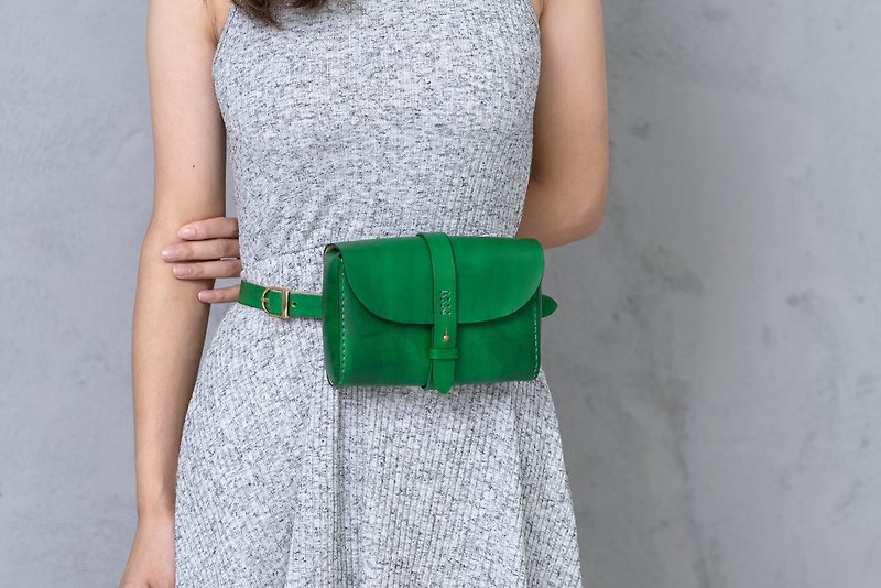 [Cutting line] handmade leather retro waist bag small square bag literary ladies leather bag malachite green
