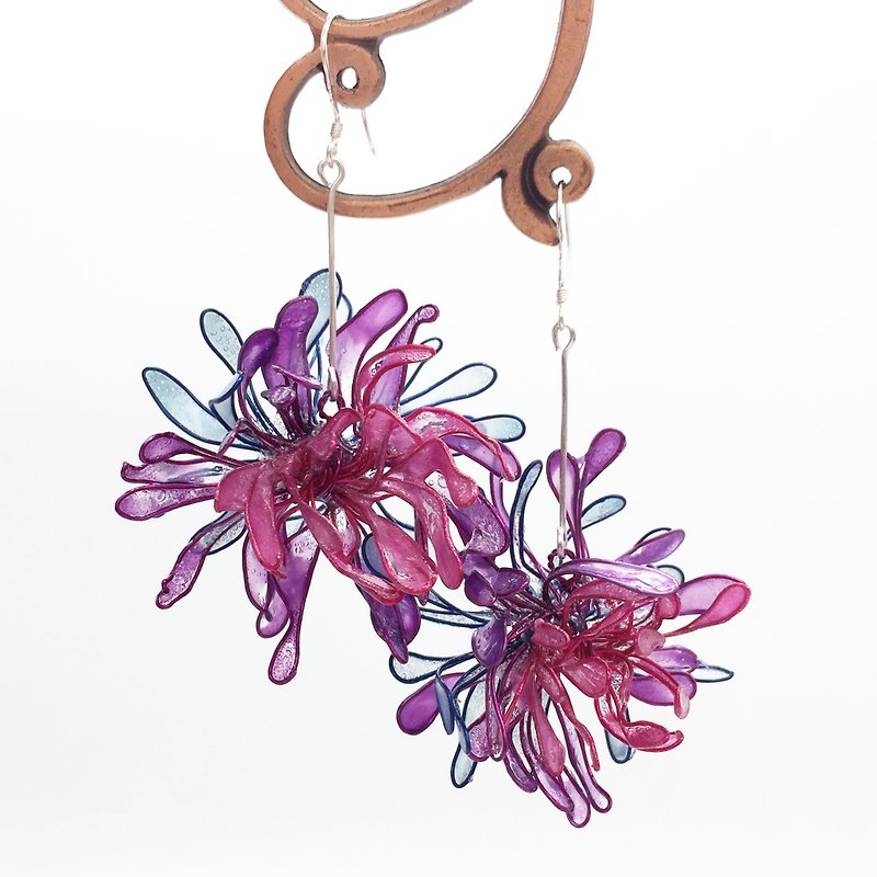 INFINITY Daqian Huan Cai Crystal Flower Fashion Earrings / Clip Gift Lovers - ต่างหู - เงินแท้ สีม่วง