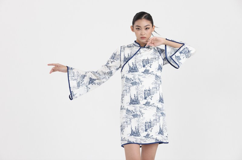 Yi-ming MADONNA真絲A-LINE 旗袍 - 白/海軍藍 - 女大衣/外套 - 棉．麻 