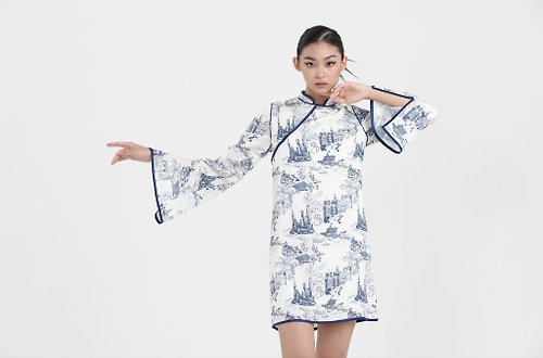 Yi-ming Yi-ming MADONNA真絲A-LINE 旗袍 - 白/海軍藍
