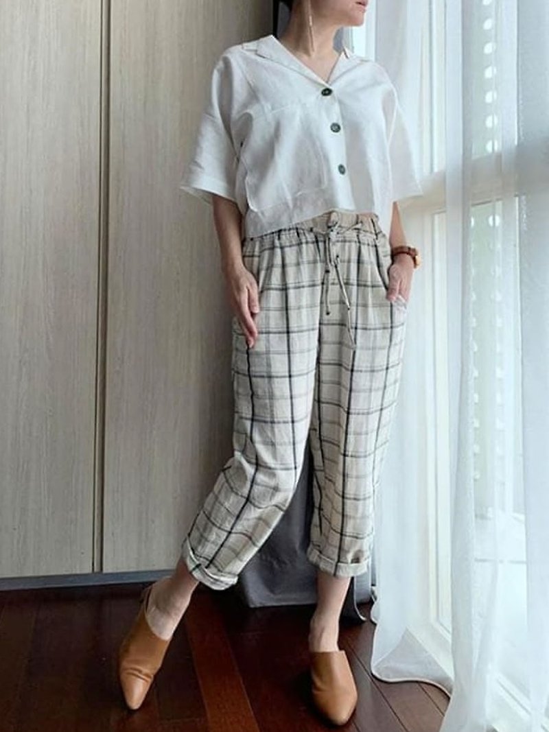 Unisex linen tartan white size regular - 中性長褲/短褲 - 亞麻 
