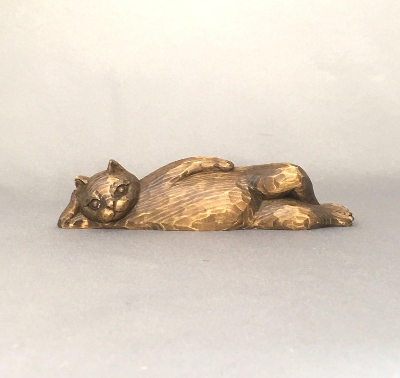Wood Carving Nirvana Cat with Open Eyes Part 2 Figurine Object Doll - Other - Wood Brown