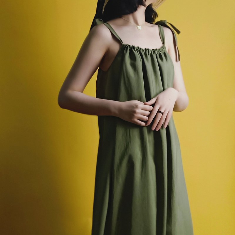P.YELLOW | 夏季系帶收褶沙灘長裙 - 連身裙 - 聚酯纖維 綠色