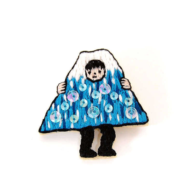 富士山　刺繍ブローチ　【青】 - 胸針 - 繡線 藍色