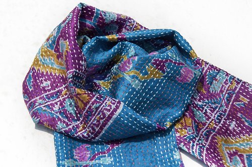 omhandmade 刺繡絲巾/絲綢刺繡圍巾/手縫紗麗線絲巾/印度絲綢刺繡圍巾-幾何風