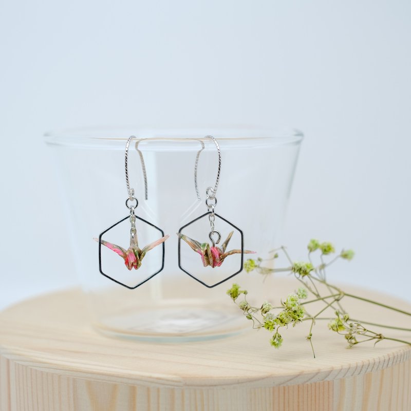 Chearrings | Origami 日本和紙 手工摺紙 紙鶴耳環 | 款式C001 - 耳環/耳夾/耳骨夾 - 紙 粉紅色