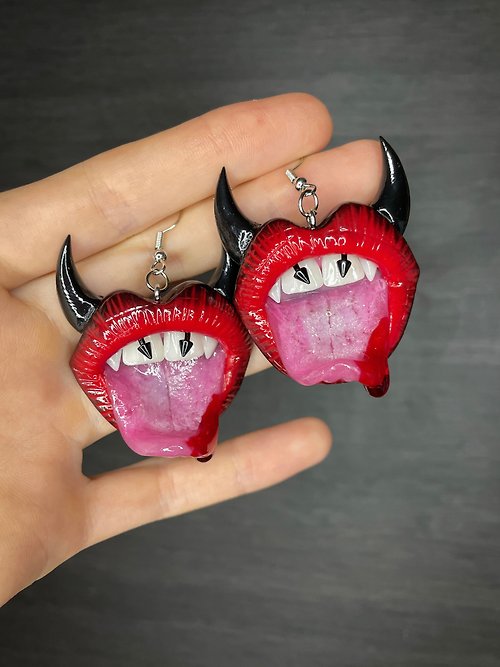 Polymer Diary Earrings. Red lips with horns.