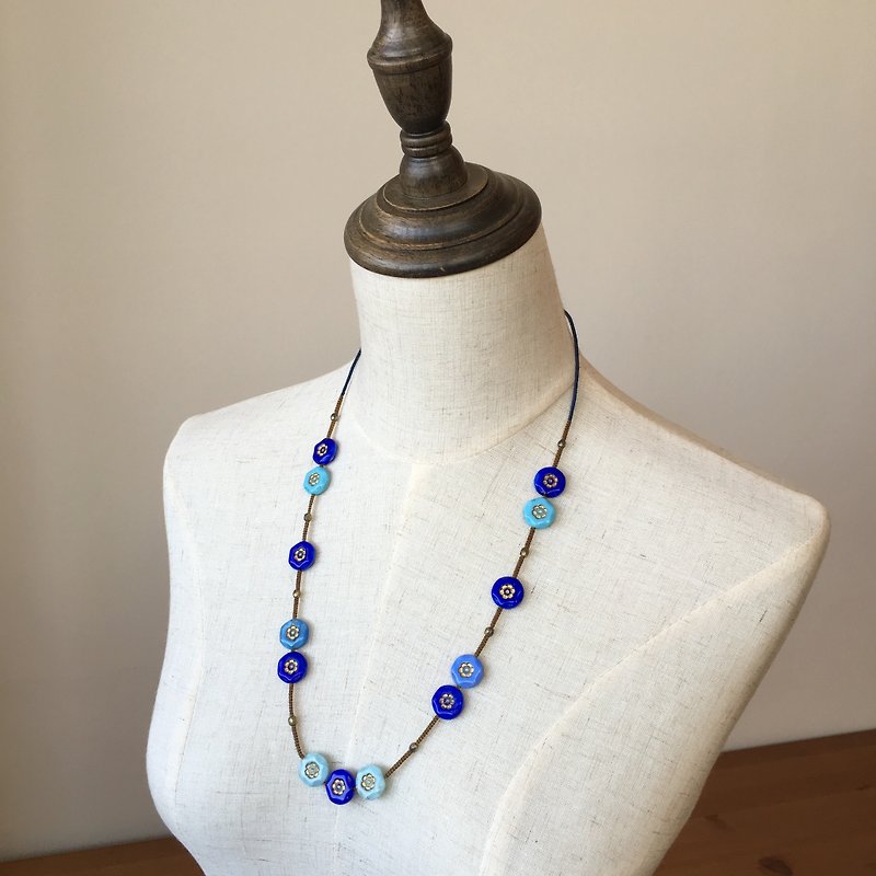 Blue painted golden flower glass bead necklace blue tone color necklace