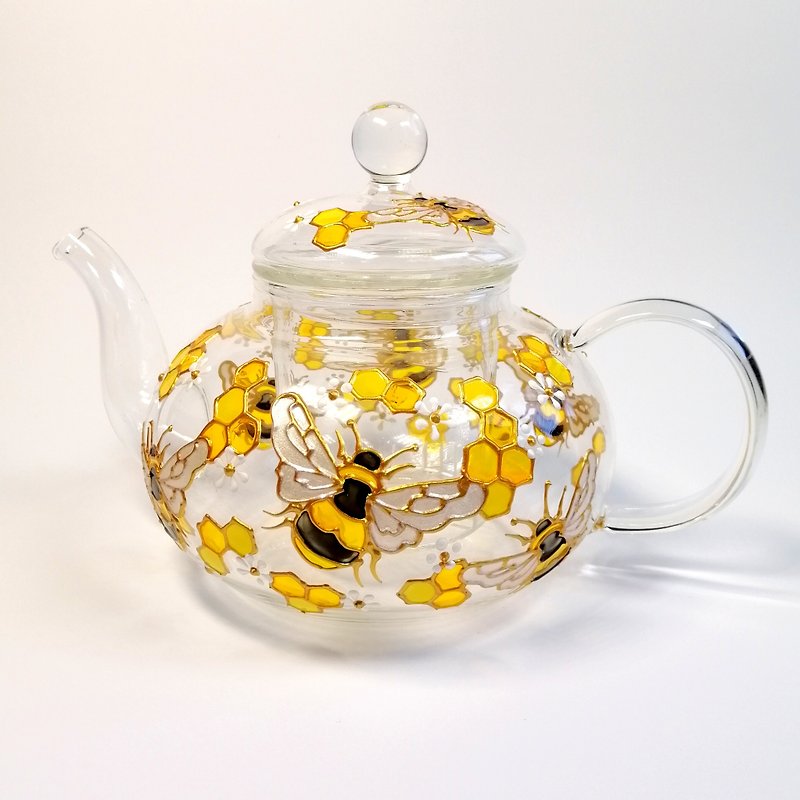 Bee glass teapot with infuser Bee and honeycomb Anniversary gift for parents - 茶壺/茶杯/茶具 - 玻璃 黃色