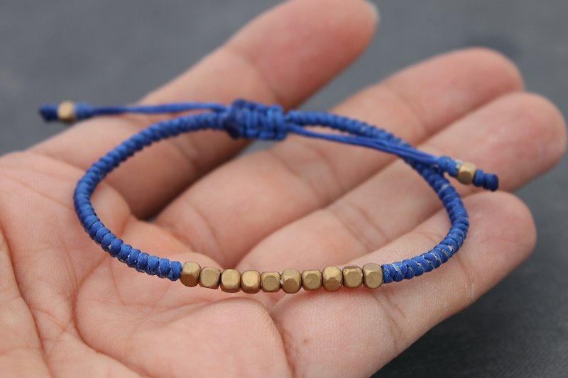Cube Brass Beads Blue Woven Bracelets, Simple Basic Unisex Brass 