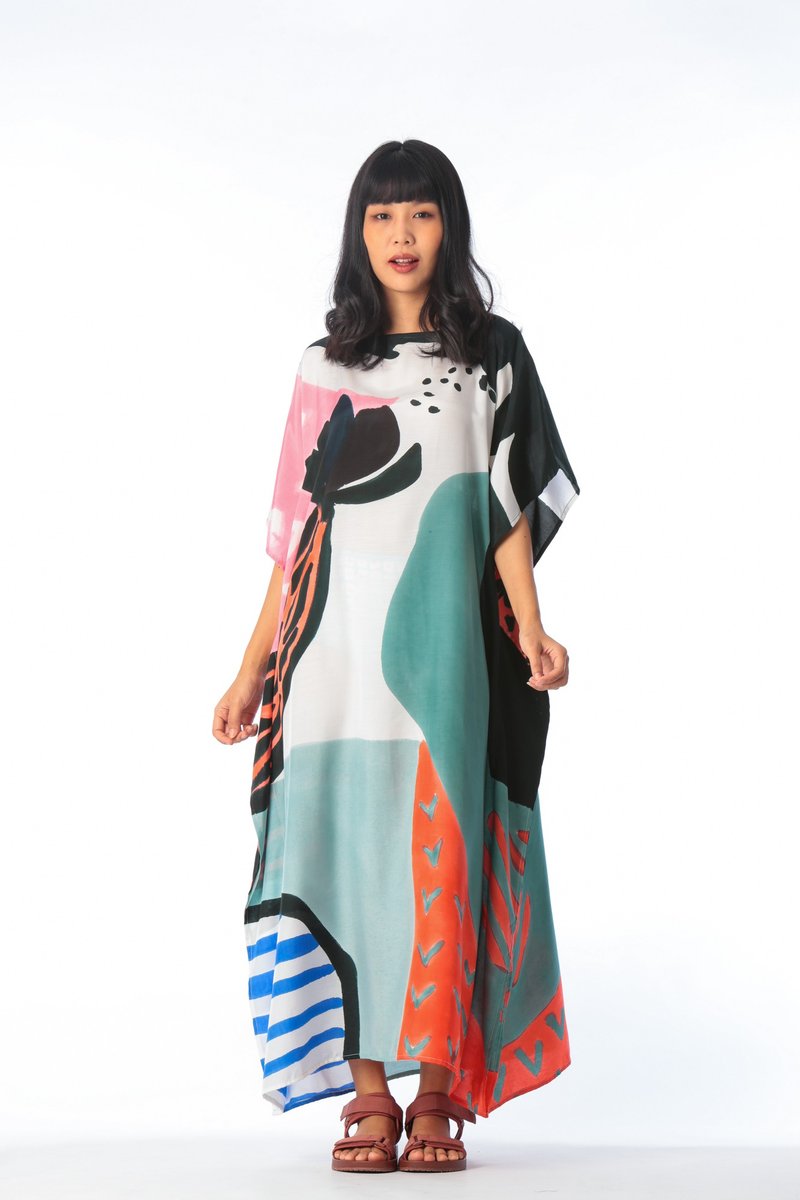 Hand Painted Cotton Silk Kaftan for Summer Resort Vacation F - 洋裝/連身裙 - 棉．麻 粉紅色