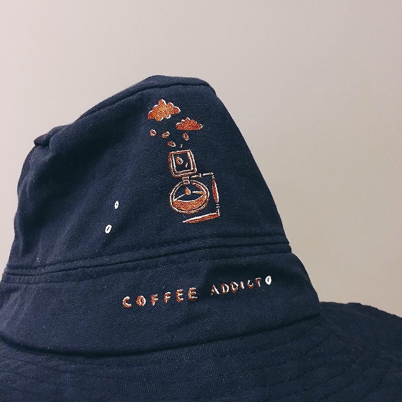 咖啡成癮// 手繪厚磅漁夫帽 - 帽子 - 其他材質 藍色