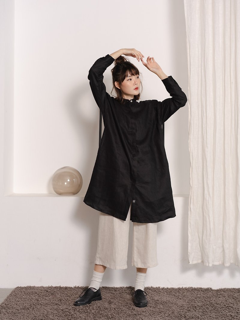 Linen Mandarin Collar Long Sleeve Dress and Tunic - Black