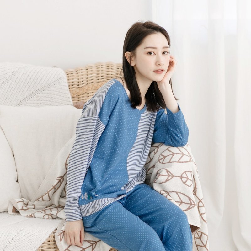 UMORFIL Collagen Polka Dot Stripe Stitching Embroidery Homewear - Blue - ชุดนอน/ชุดอยู่บ้าน - ผ้าฝ้าย/ผ้าลินิน สีน้ำเงิน