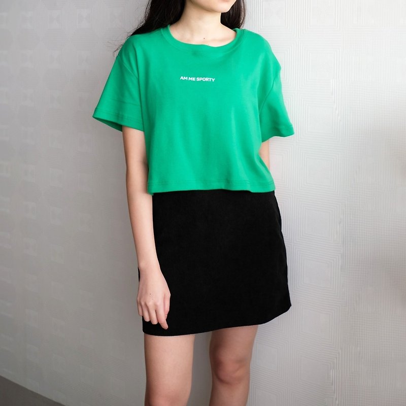 AM ME Comfy素色短版上衣 (綠色) - T 恤 - 棉．麻 綠色