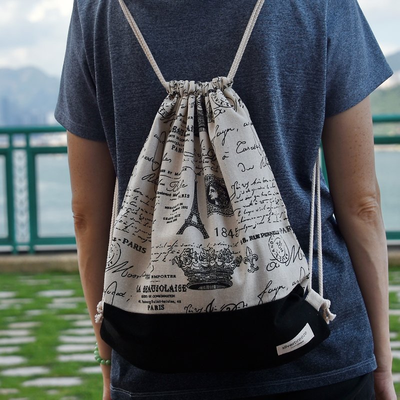 Drawstring backpack/drawstring bag/drawstring pocket~ Eiffel Tower (B165) - Drawstring Bags - Cotton & Hemp Black