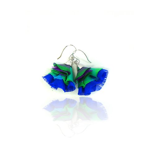 laorr Thai silk Earrings (Size : S) BB collection Blue Green -Silver Color metal