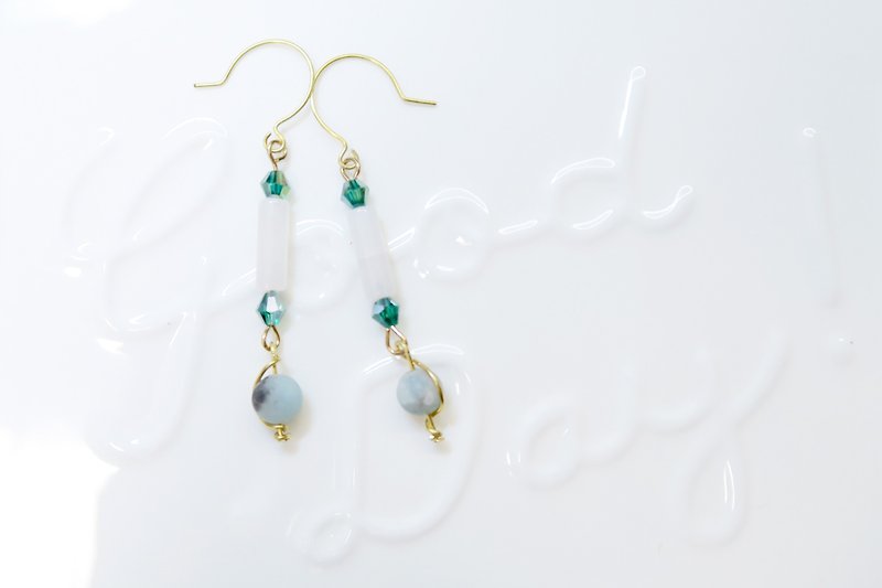 OUD Original-14Kgf-Natural White Jade-Crystal Beads Drop Earring/Clip-on
