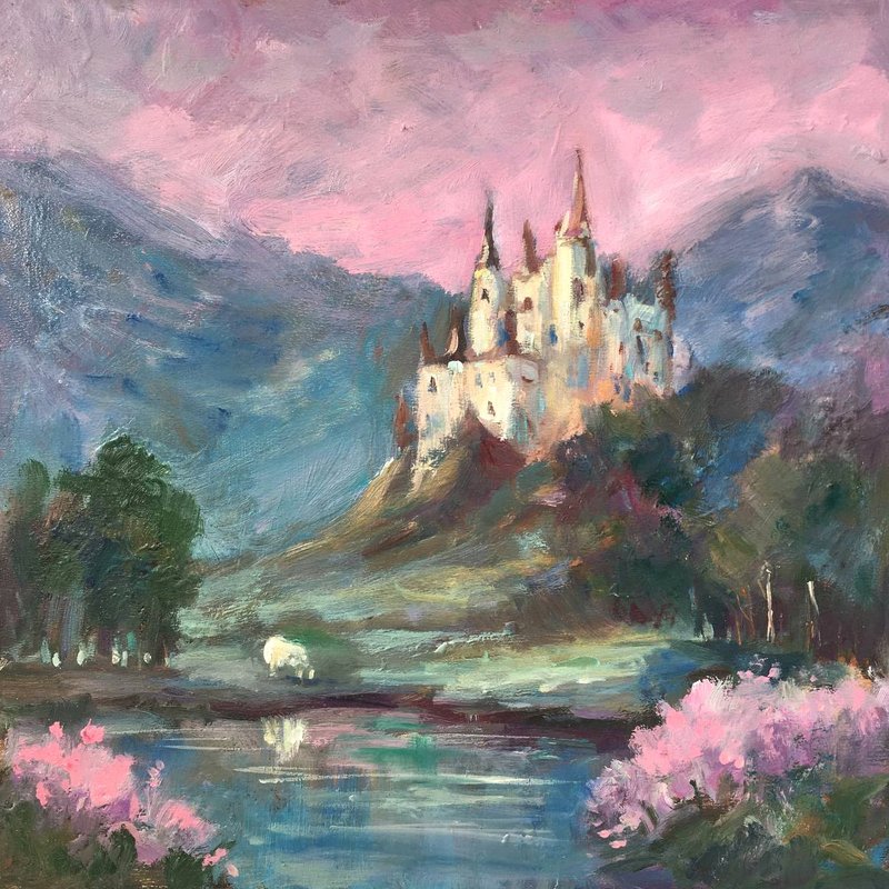 Landscape Painting Magic castle unicorn fairy tale original art 魔法城堡獨角獸童話 - ตกแต่งผนัง - วัสดุอื่นๆ สึชมพู