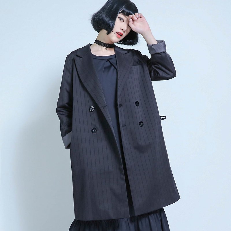 SU:MI said Suit 雙排釦長版西裝外套_5AF202_黑直紋 - 女西裝外套 - 棉．麻 黑色