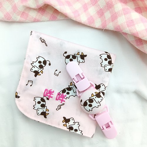 QQ rabbit 手工嬰幼兒精品 彌月禮盒 音樂乳牛-2色可選。雙面純棉手帕 / 手帕夾 (可繡名字)