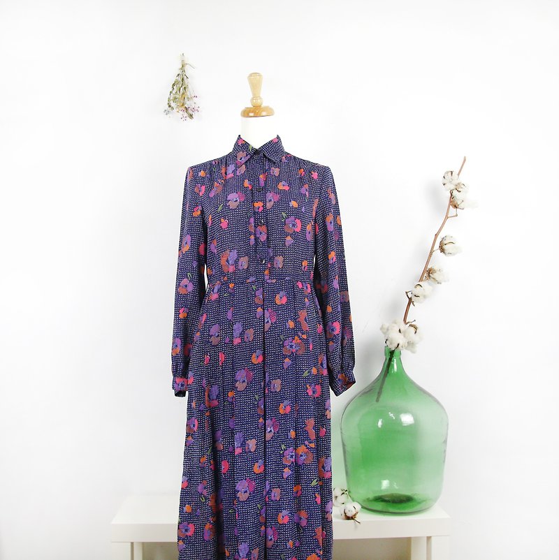 Back to Green-復古洋裝 紅紫  /vintage dress - 連身裙 - 其他人造纖維 
