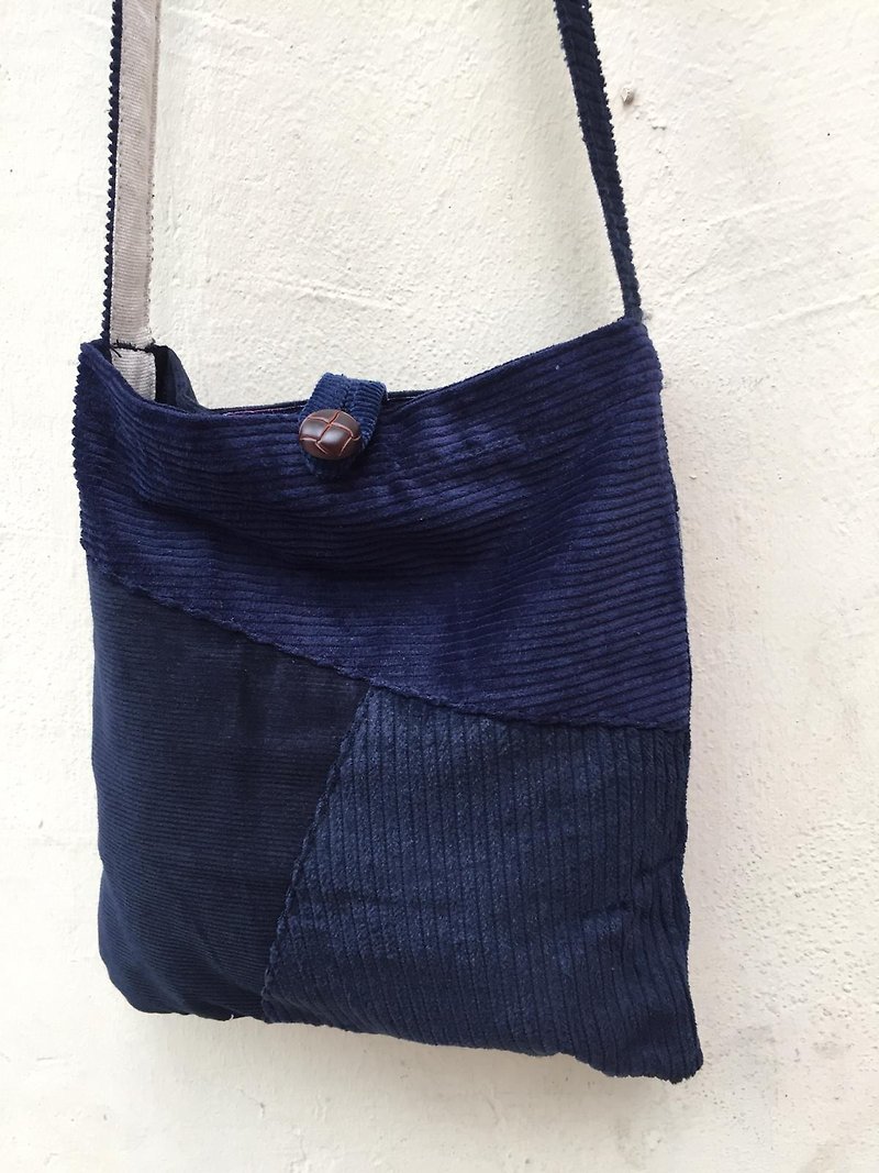 Blue corduroy side pocket - Messenger Bags & Sling Bags - Cotton & Hemp Blue