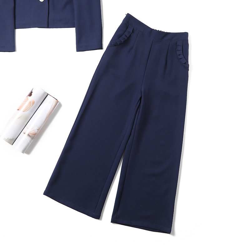Solid Ruffle Oversized Trousers | Dark Blue | Non-Stretch | Unlined - กางเกงขายาว - เส้นใยสังเคราะห์ สีน้ำเงิน
