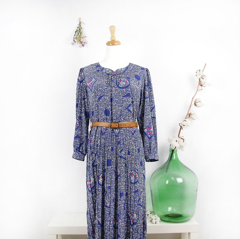 Back to Green-復古洋裝 藍 幾何 /vintage dress - 連身裙 - 其他人造纖維 