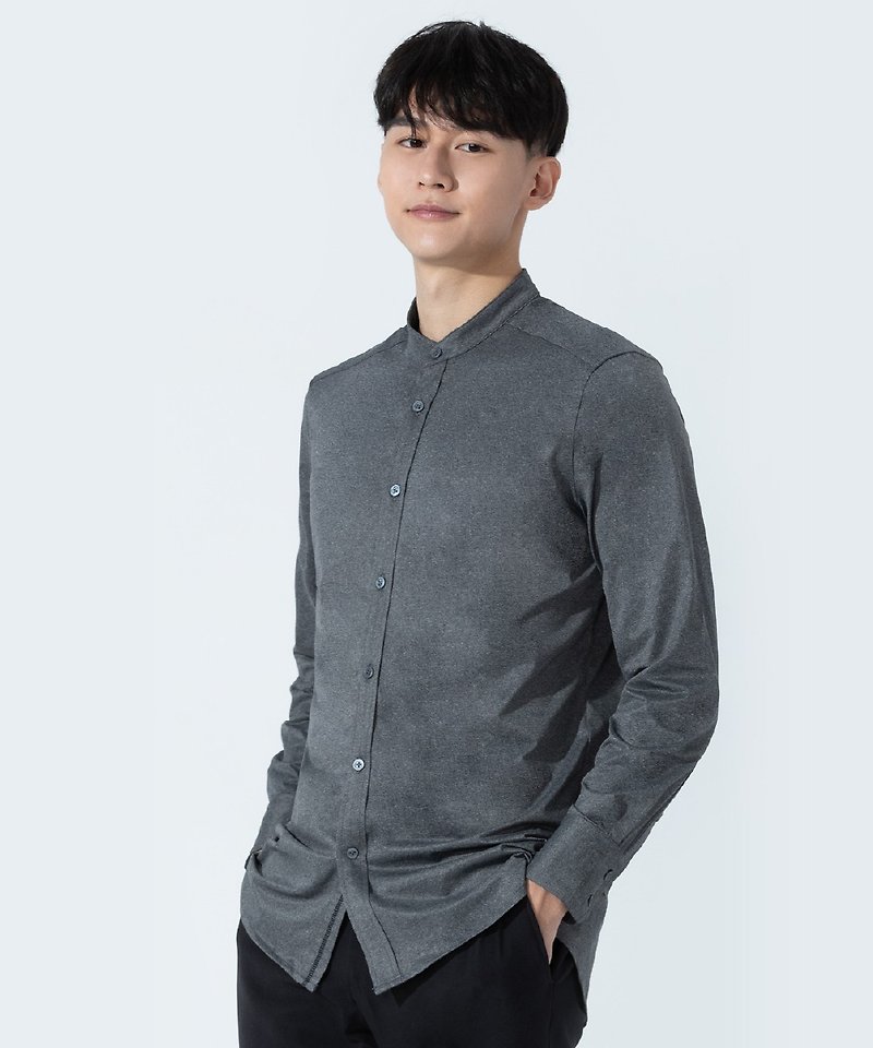 SIMURGH 深灰色 立領彈性長袖襯衫 - 男襯衫/休閒襯衫 - 聚酯纖維 灰色