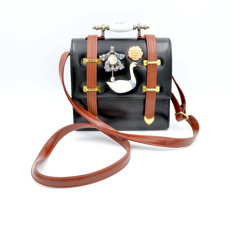 Three-dimensional swan embellished with Gemstone crystal wood clock decoration black PU imitation leather box oblique shoulder bag handbag
