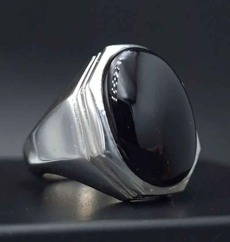Mens Aqeeq Ring natural Agate Ring for Men Shifat Al Abad Yemeni Aqeeq Ring gift - แหวนทั่วไป - เครื่องเพชรพลอย สีดำ