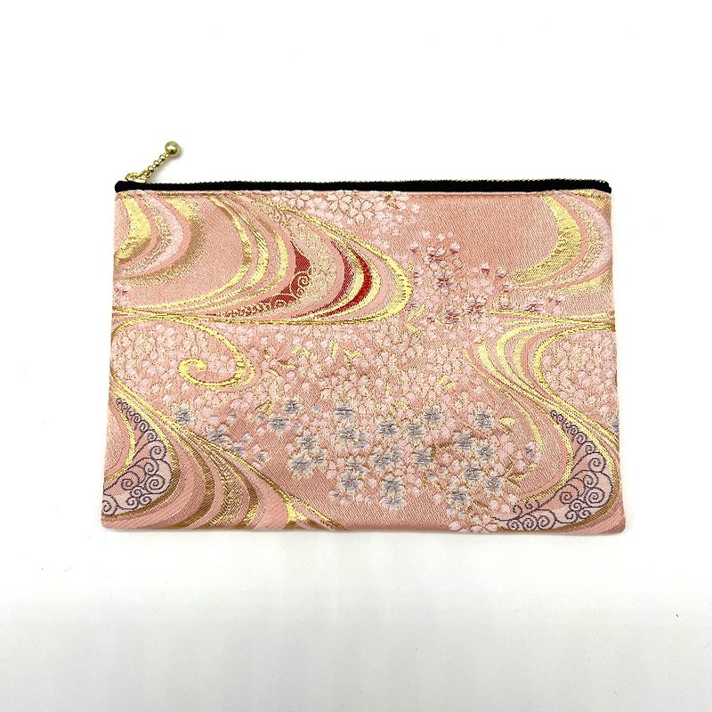 Japanese pattern pouch made from Kyoto, Nishijin-ori, and brocade fabric 20cm zipper L size - Toiletry Bags & Pouches - Polyester Pink