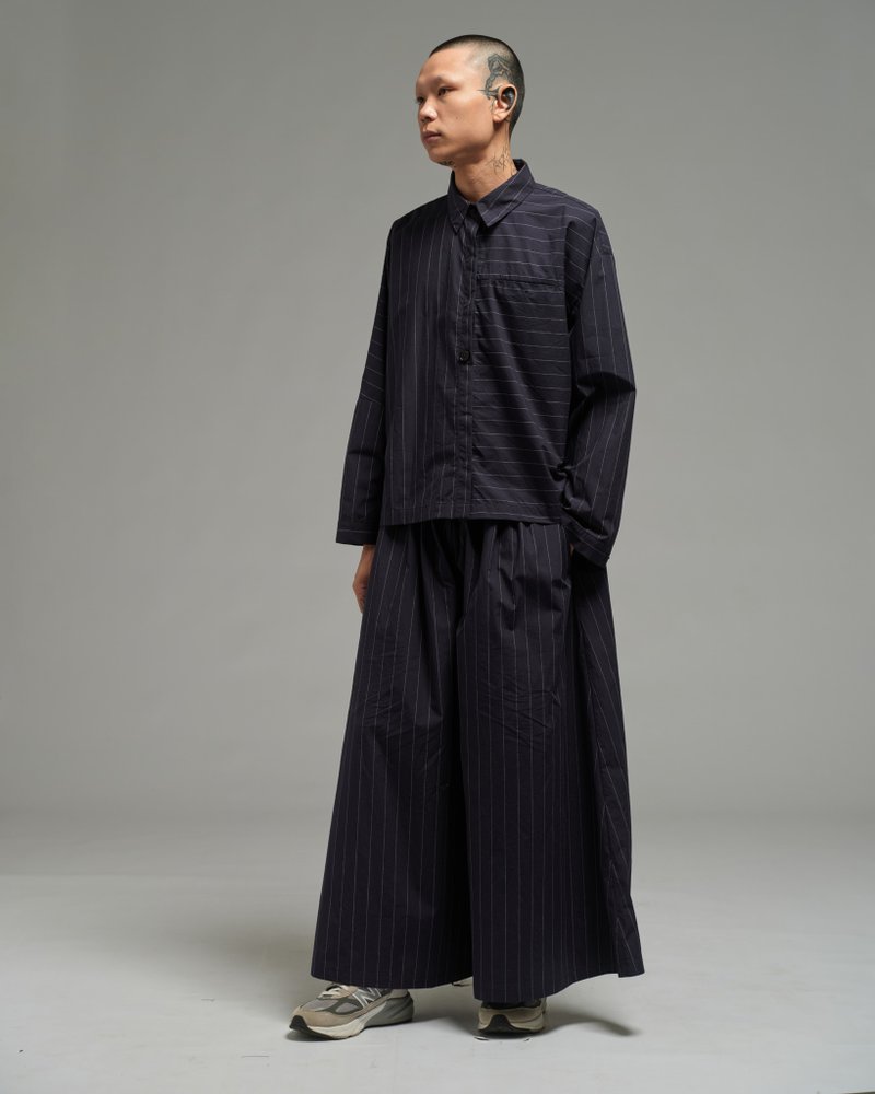 Unisex: Multi Hakama Pants (Pinstripe Dark Blue) - 女長褲 - 棉．麻 藍色