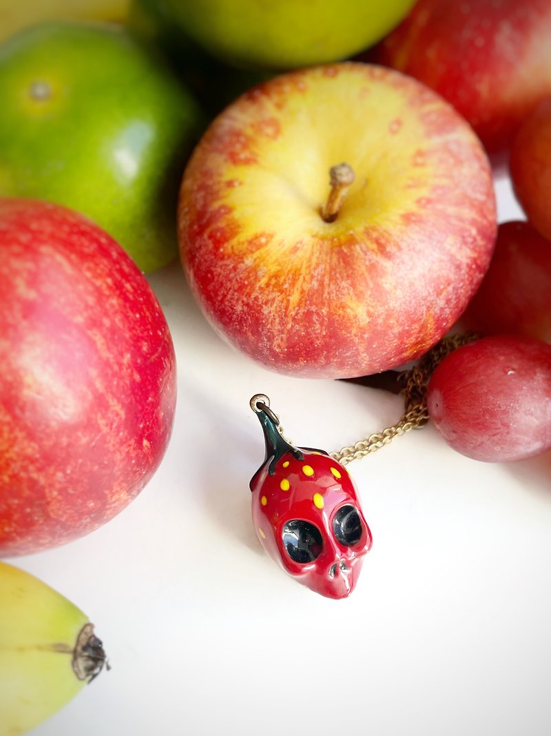 Strawberry Skull Hand Painted Enamel Necklace.