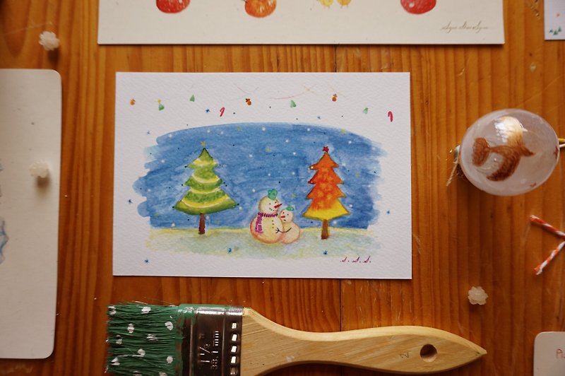 :: Xue Niaoer:: Snowman Hugs Winter Postcard/Card