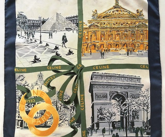 セリーヌ パリ ヴィンテージ シルク スカーフ 冬のパリ、27 x 26