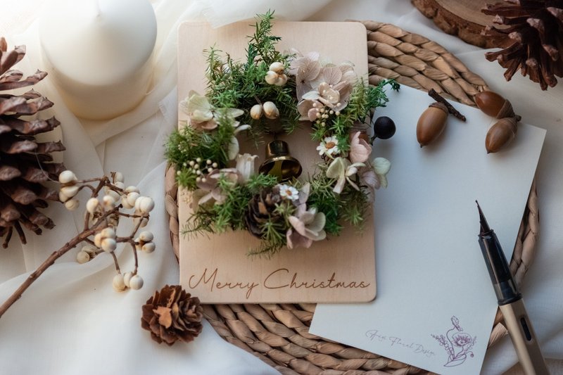 Everlasting Wooden Christmas Wreath Cards | Everlasting Flowers | Gift Exchange | Christmas Cards - ช่อดอกไม้แห้ง - พืช/ดอกไม้ สีกากี