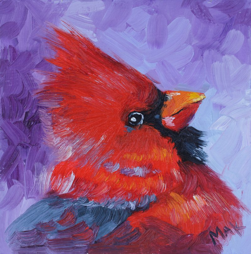 Red Cardinal Oil Painting Bird Original Art Northern Cardinal Artwork - 海報/掛畫/掛布 - 其他材質 紅色
