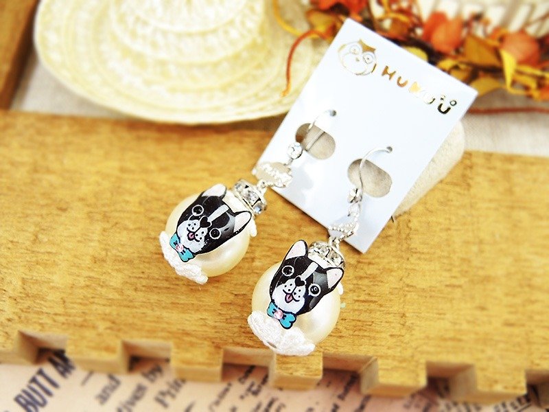 §HUKUROU§ Mini French Bulldog Pearl Earrings (Fighting) - Earrings & Clip-ons - Plastic 
