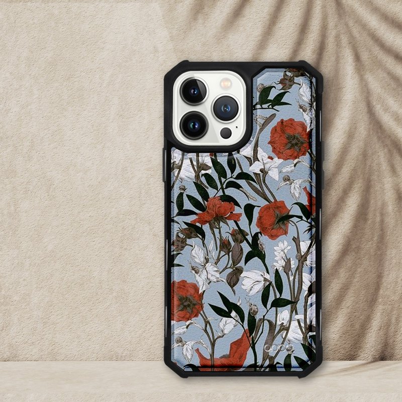 iPhone 13全系列軍規防摔皮革磁吸手機殼-玫瑰百合(黑殼) - 手機殼/手機套 - 其他材質 多色